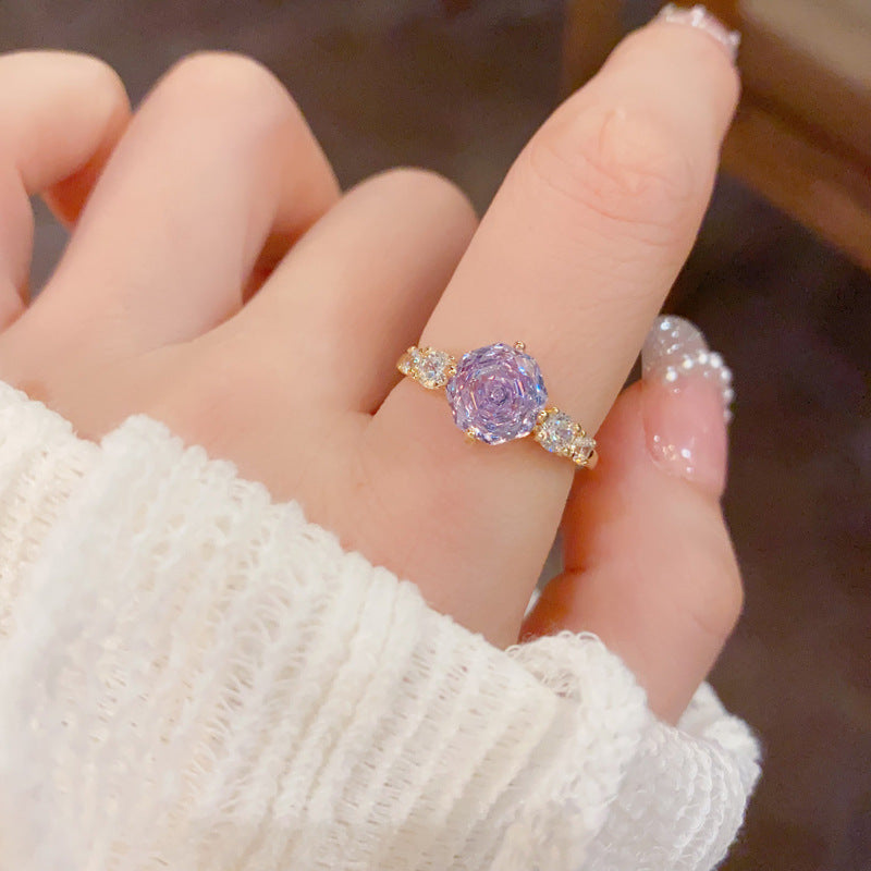 Fashionable All-Match Rose Ice-Flower Cut Cubic Zirconia Open Ring Vera Lux