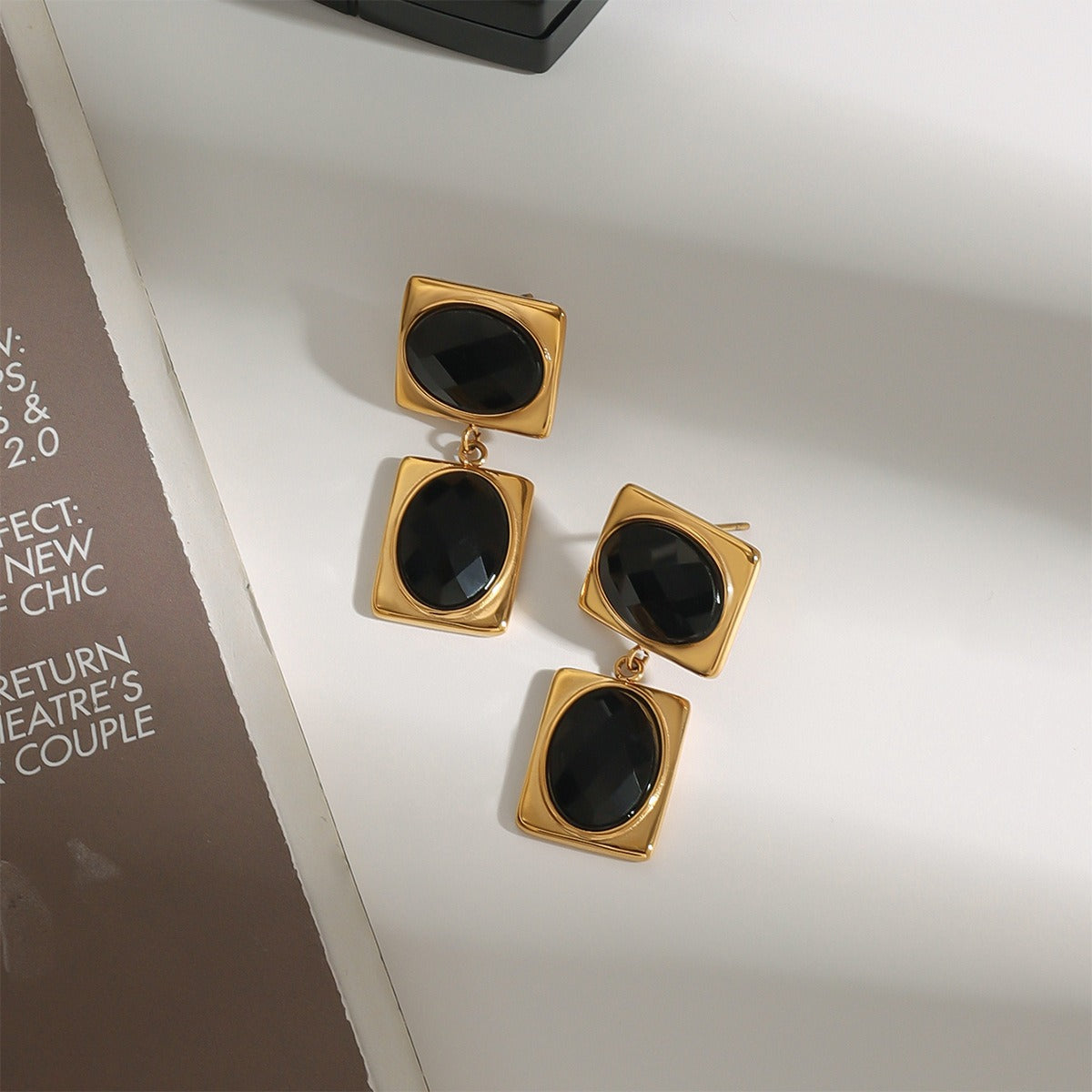 18k gold rectangular inlaid oval gemstone design trendy and unique earrings Vera Lux