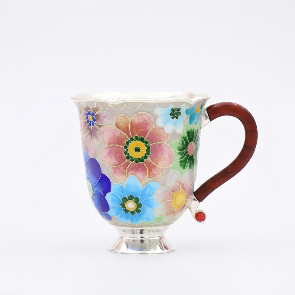 Pure 999 Fine Silver Enamel Floral Mug with Wooden Handle and Metallic Base-Premium Indigo Master Cup - Handicraft Vera Lux