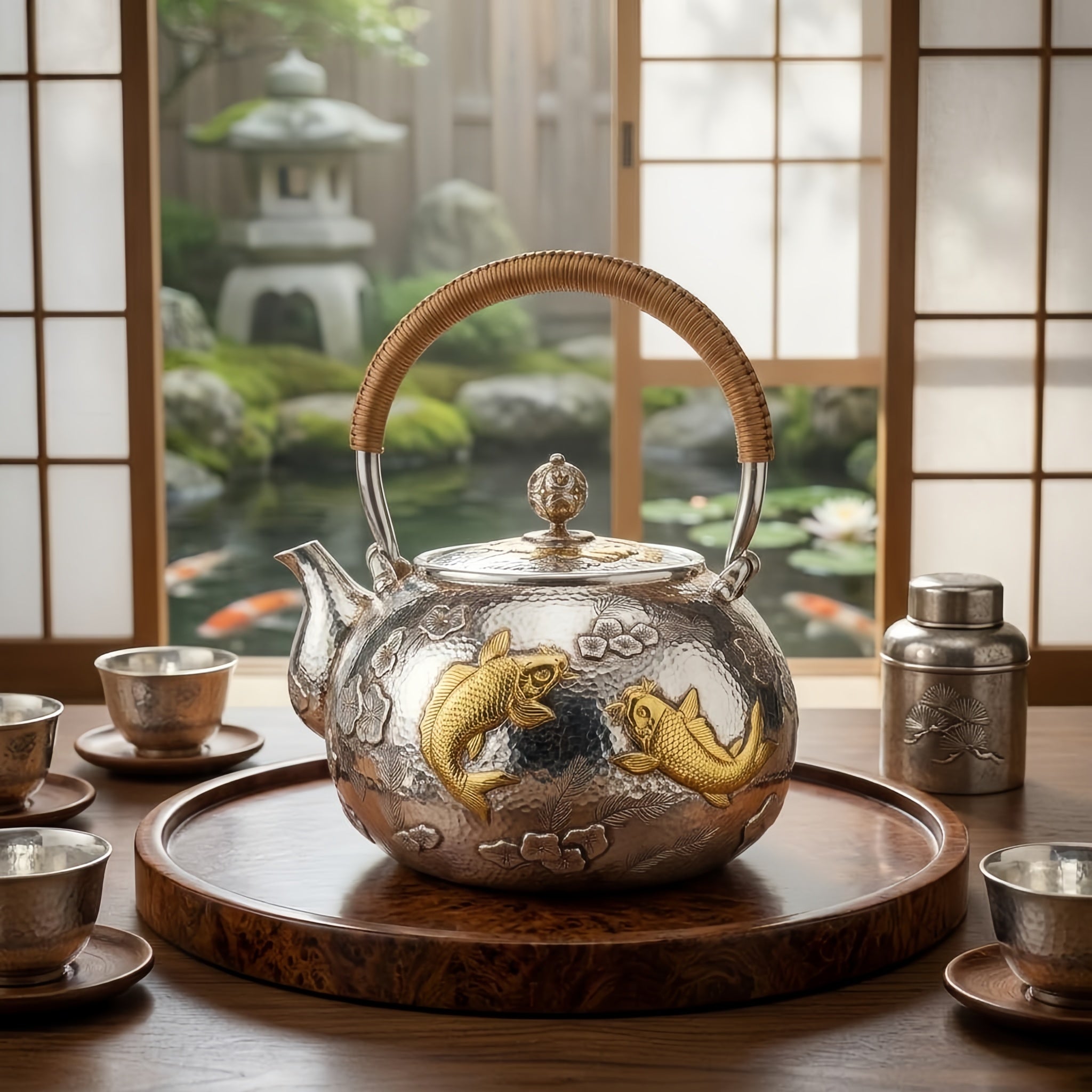 925 Sterling Silver Exquisite Silver Teapot Featuring Handcrafted Gilded Carp and Intricate Floral Motifs - Handicraft Vera Lux