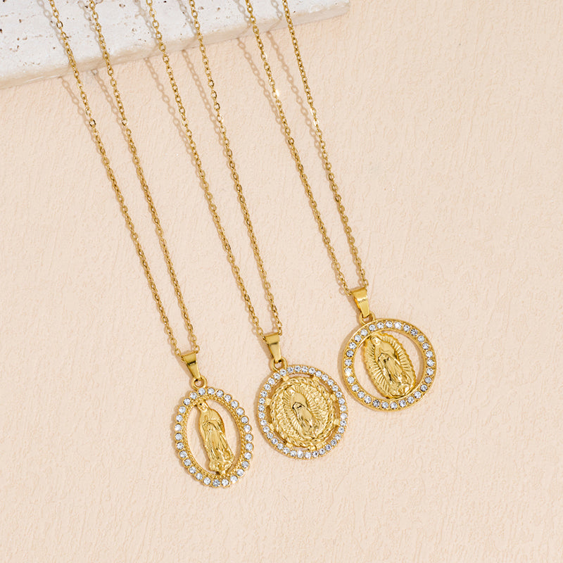 Stainless Steel Inlaid Rhinestone Virgin Mary Pendant Necklace Vera Lux