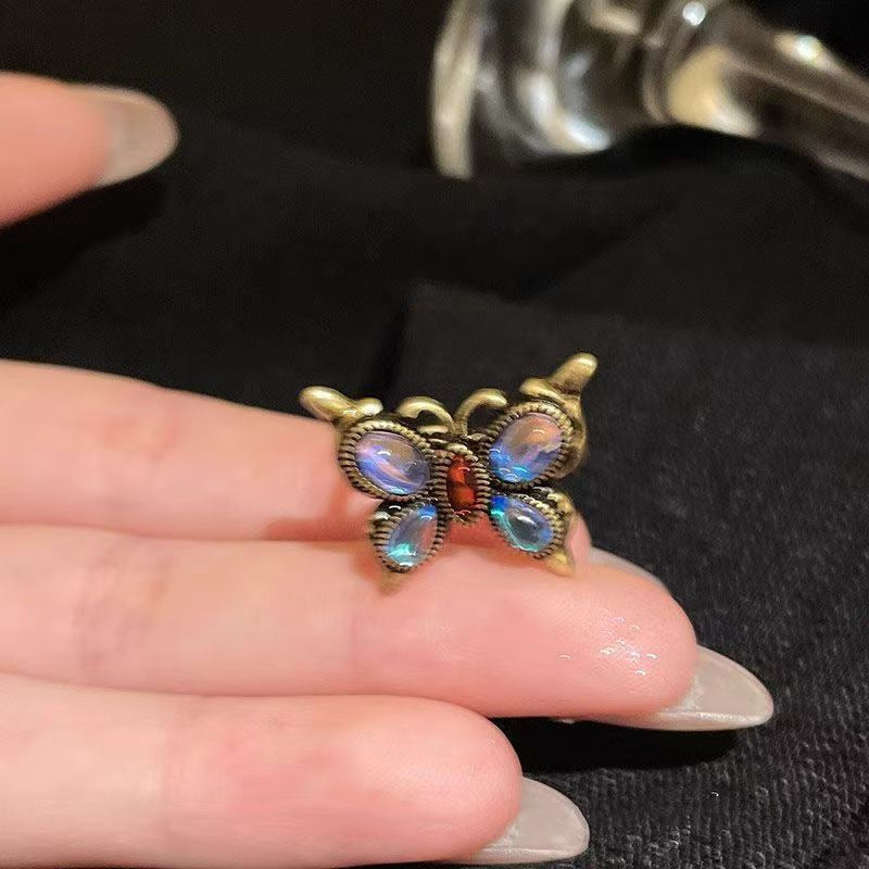Vintage Butterfly Ring With Moonstone, Antique Gold Plated Adjustable Statement Ring For Women Vera Lux