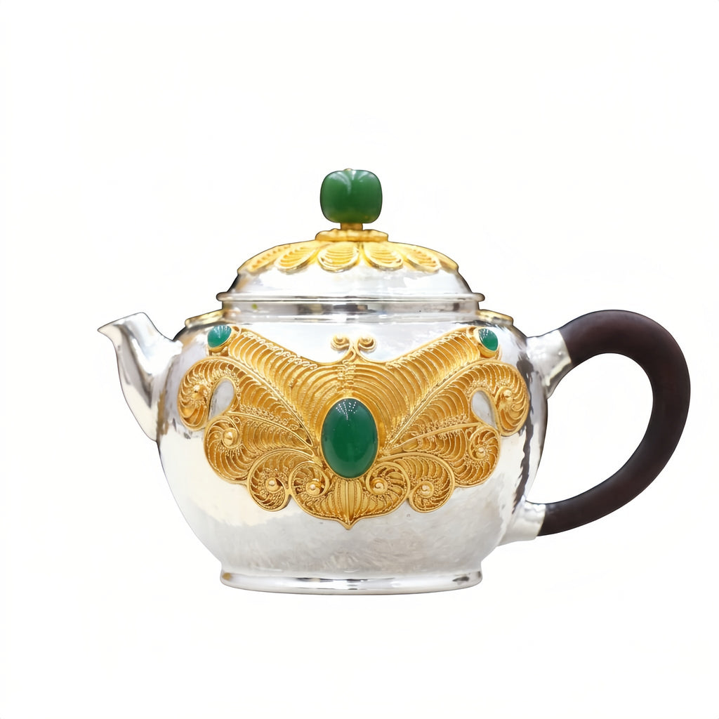 Pure 999 Fine Silver Exquisite Filigree Silver Teapot with Vibrant Green Gemstone Accents - Handicraft Vera Lux