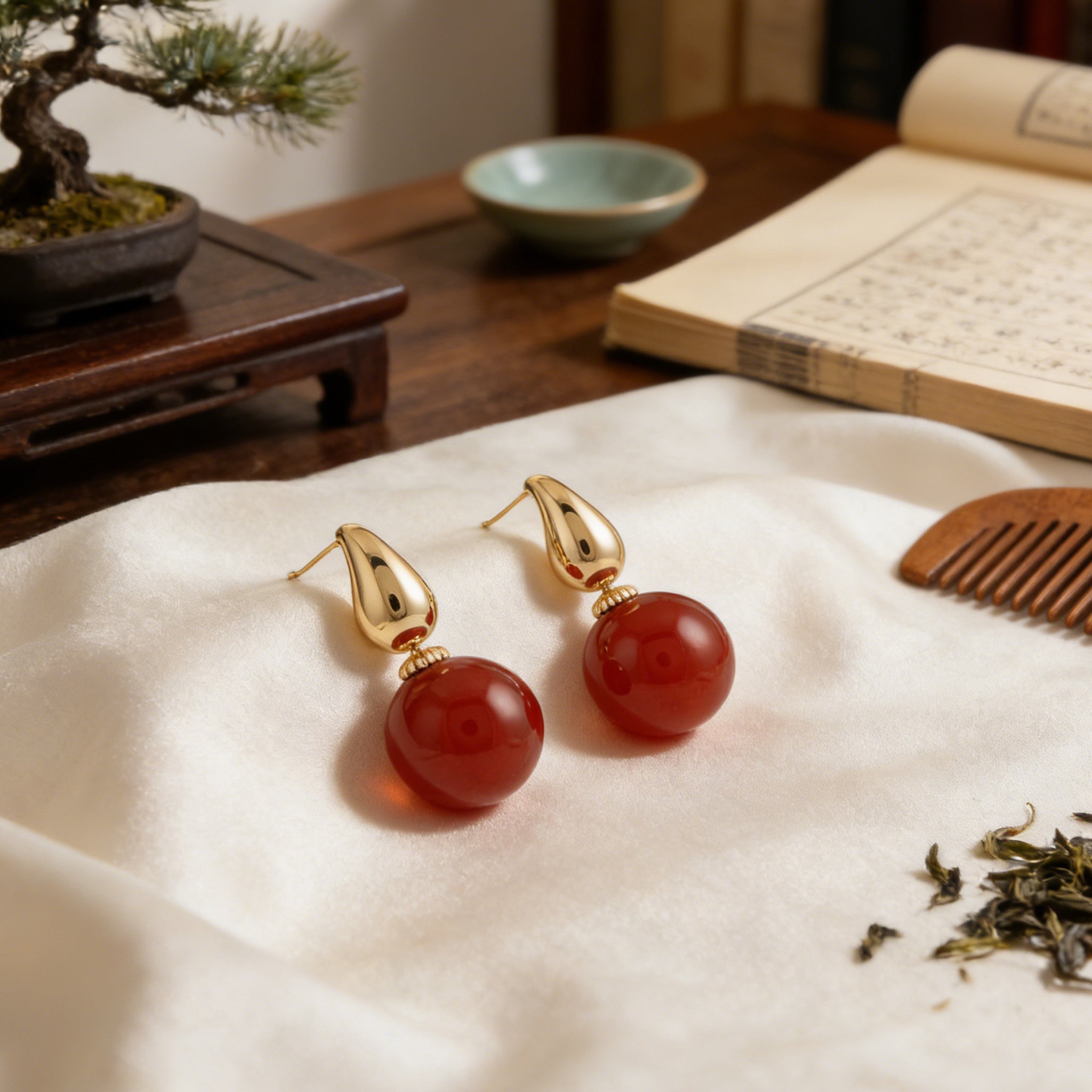 925 Sterling Silver Elegant Red Carnelian Sphere and Polished Metallic Teardrop Drop Earrings Vera Lux