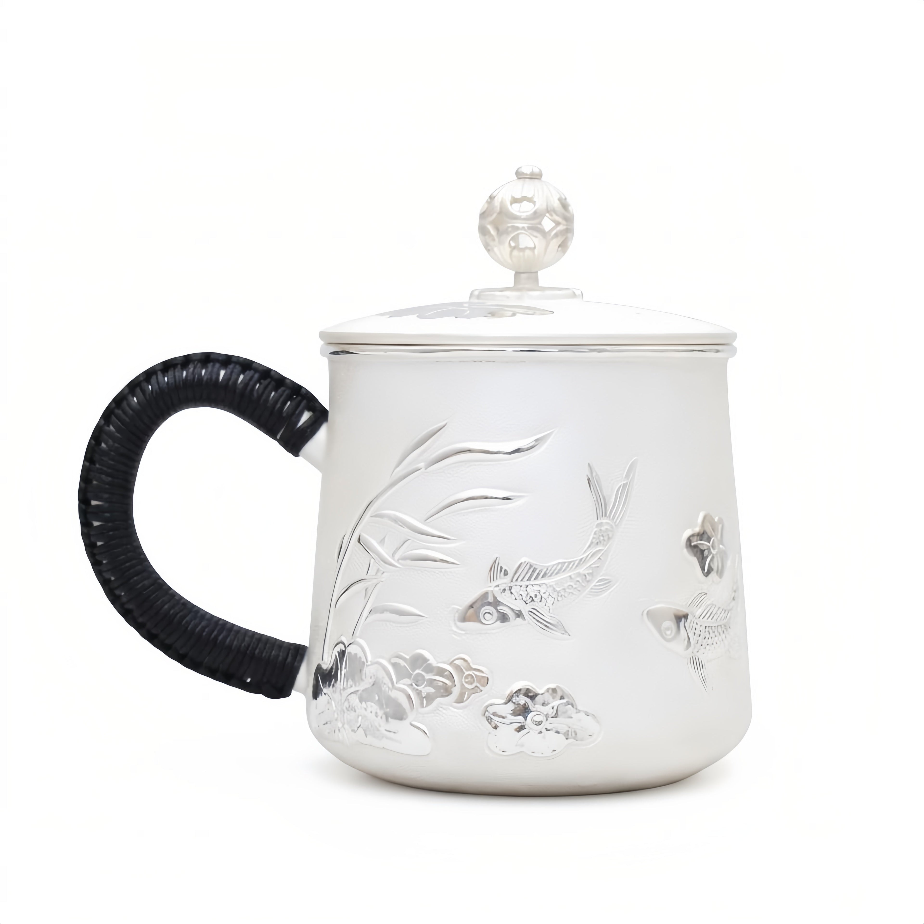 Pure 999 Fine Silver Elegant Ceramic Tea Cup with  Fish and Floral Design-Premium Tea Mug - Handicraft Vera Lux