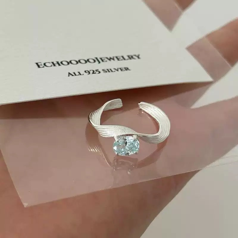 Blue Zircon Twisted Geometric Wave Open Ring, Minimalist Textured Statement Ring For Women Vera Lux