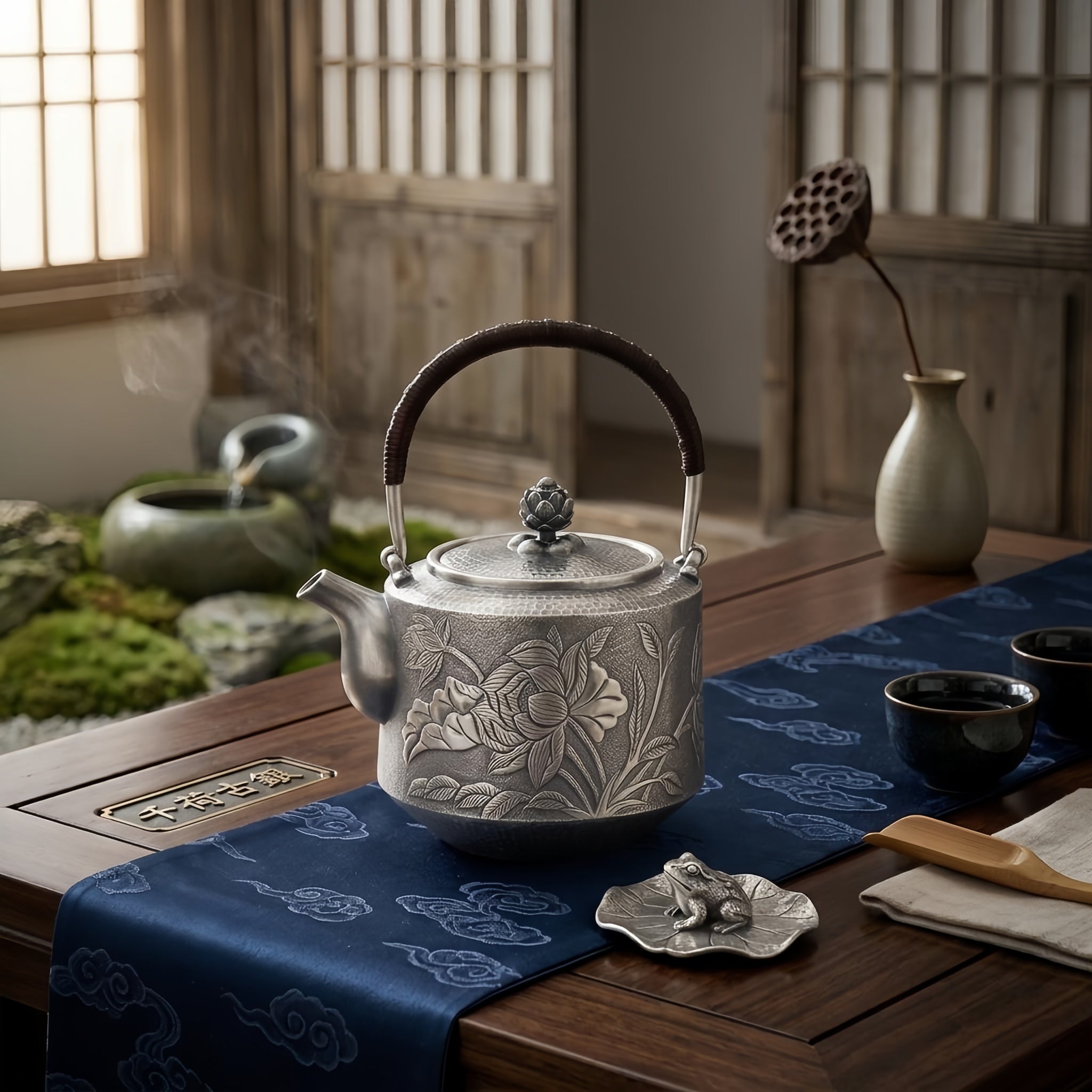 Pure 999 Fine Silver Elegant  Teapot with Handcrafted Floral Engraving, Hammered Texture, and Lotus Lid-Fine Teapot with Handle - Handicraft Vera Lux