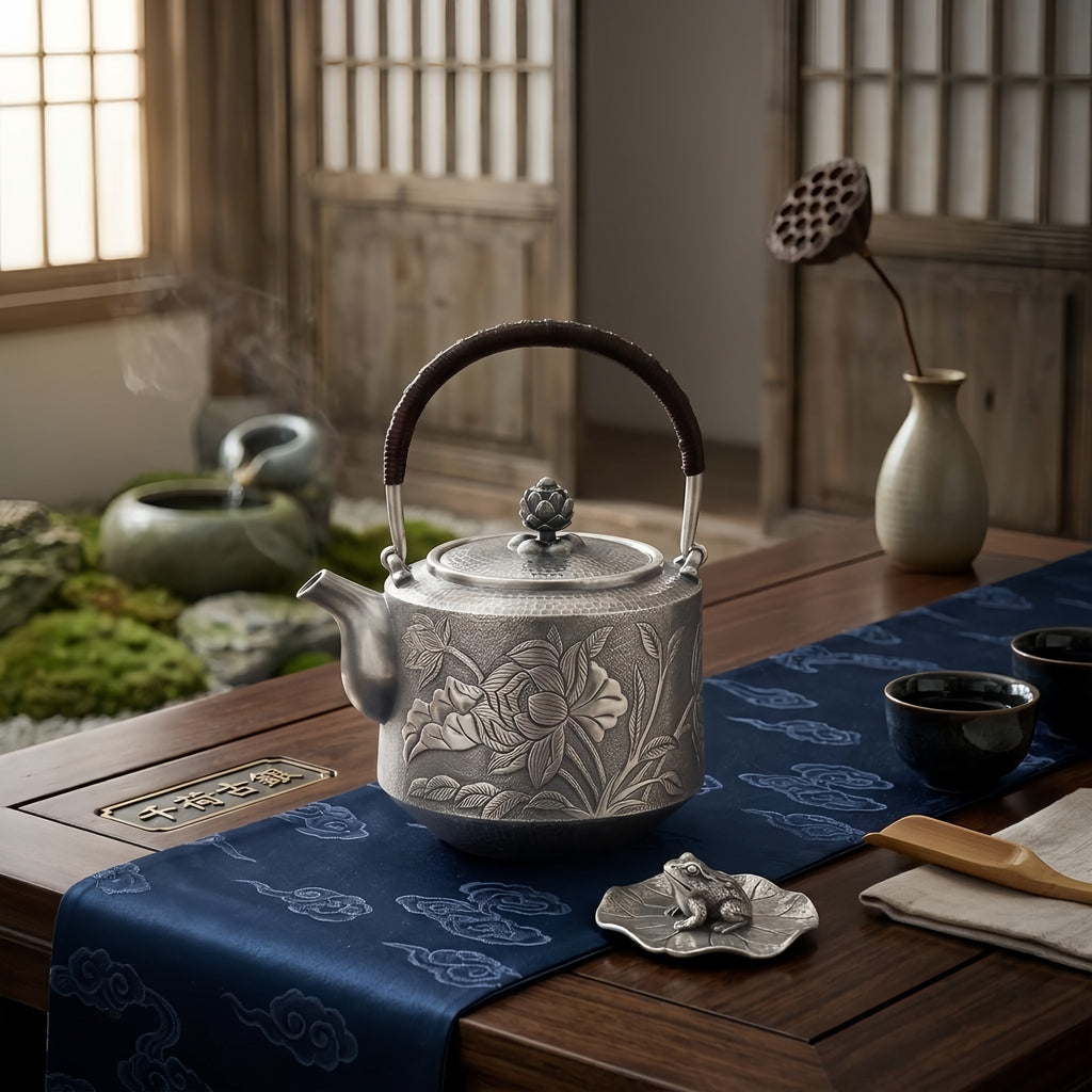 Pure 999 Fine Silver Elegant  Teapot with Handcrafted Floral Engraving, Hammered Texture, and Lotus Lid-Fine Teapot with Handle - Handicraft Vera Lux