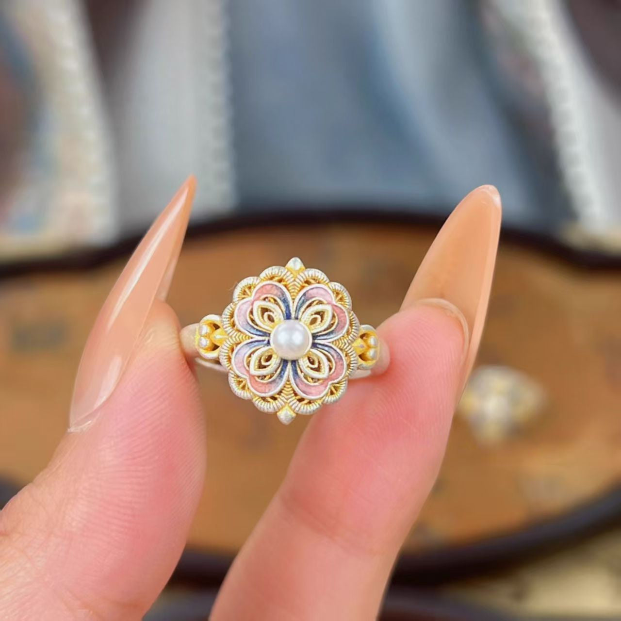Vintage Enamel Flower Ring With Pearl, Intricate Filigree Gold-Plated Band, Dainty Retro Statement Ring For Women Vera Lux