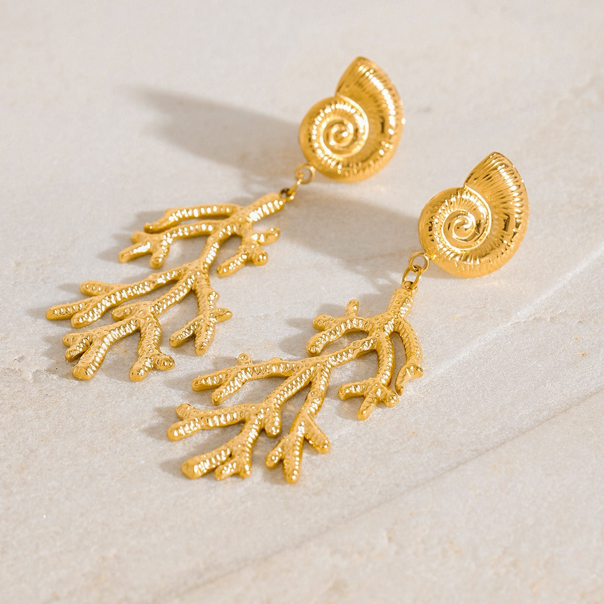 18K gold conch shell with coral design unique and noble earrings Vera Lux