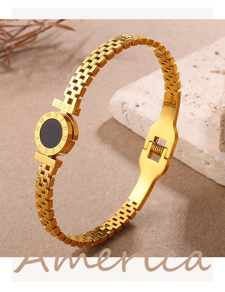 Fashionable, Versatile, Exclusive And Exquisite Wrist Accessory With Unique Style And Light Luxury. Gold Roman Numeral Black Surface Decorative Clasp Bracelet. Vera Lux
