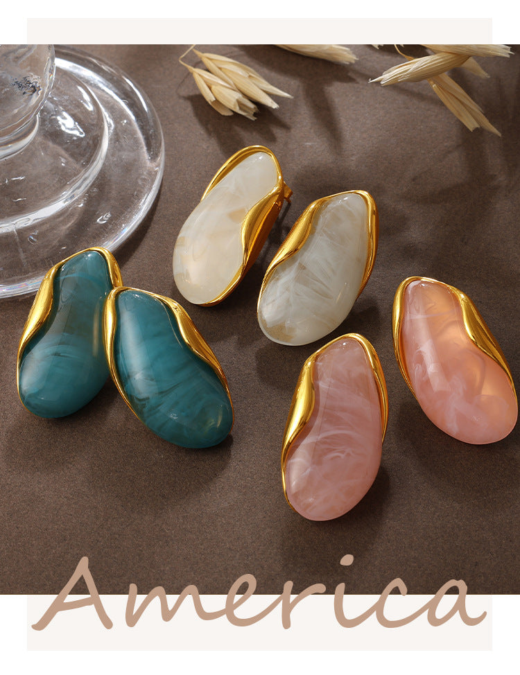 European And American Retro Irregular Amber Powder-white-blue Gradient-dyed Gold-edge Ear Ring, Non-fading, 18K Gold-plated, Exclusive Small-sized Earrings Vera Lux