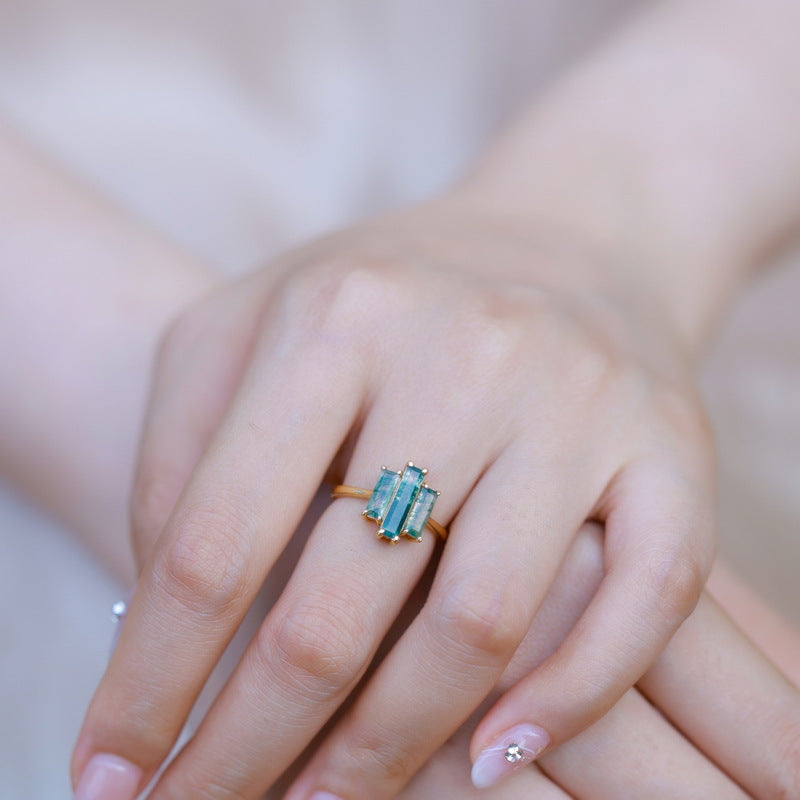 Statement Bold Natural Green Moss Agate Index Finger S925 Silver-Inlaid Aquamarine Agate Ring Vera Lux
