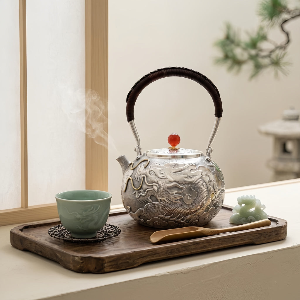 Pure 999 Fine Silver Exquisite Silver Teapot with Handcrafted Dragon Relief and Crimson Stone Finial - Handicraft Vera Lux