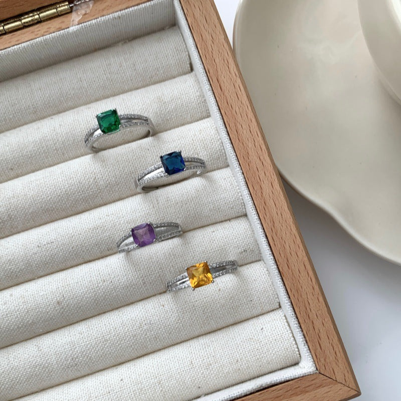 Luxury Multicolor Gemstone Ring For Women, Natural Amethyst Square Band, Micro-set Zircon High-end Style Vera Lux