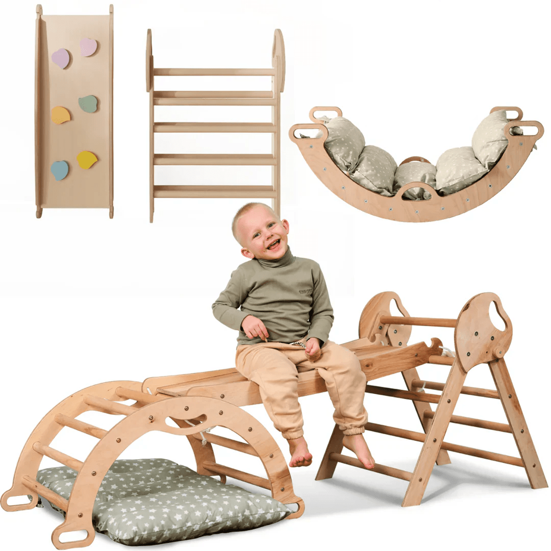 4in1 Montessori Climbing Set: Pikler Triangle, Arch, Slide Board, and Cushion for Toddlers (1–3 Years) Goodevas