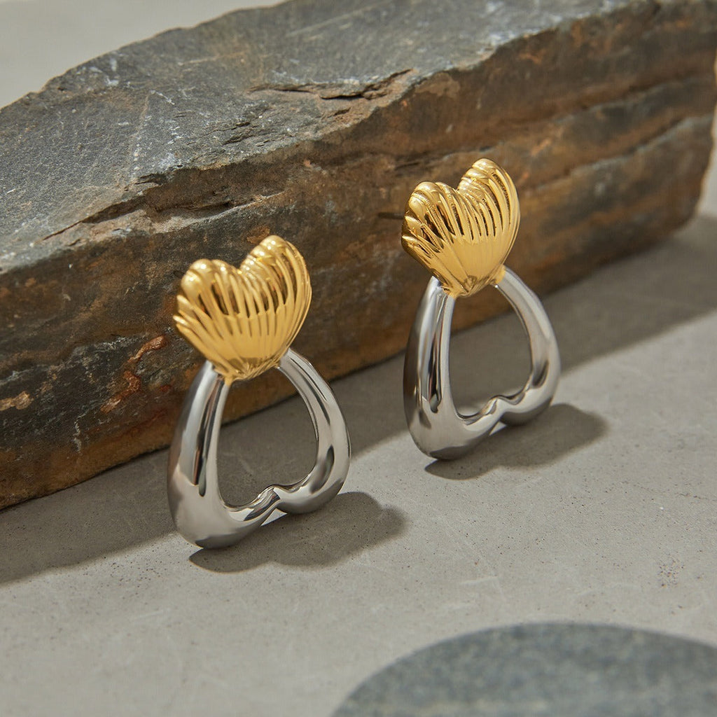 18K gold heart-shaped earrings with gold and silver color matching design, trendy and personalized Vera Lux