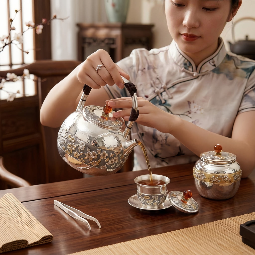 Pure 999 Fine Silver Elegant Hammered Silver Teapot with Intricate Floral Relief and Woven Handle - Handicraft Vera Lux