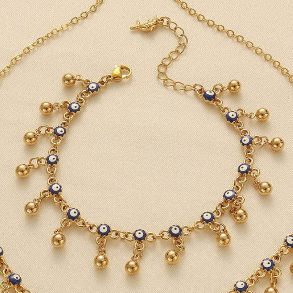 Bohemian Blue Evil Eye Tassel Necklace, Bracelet and Earring Set Vera Lux