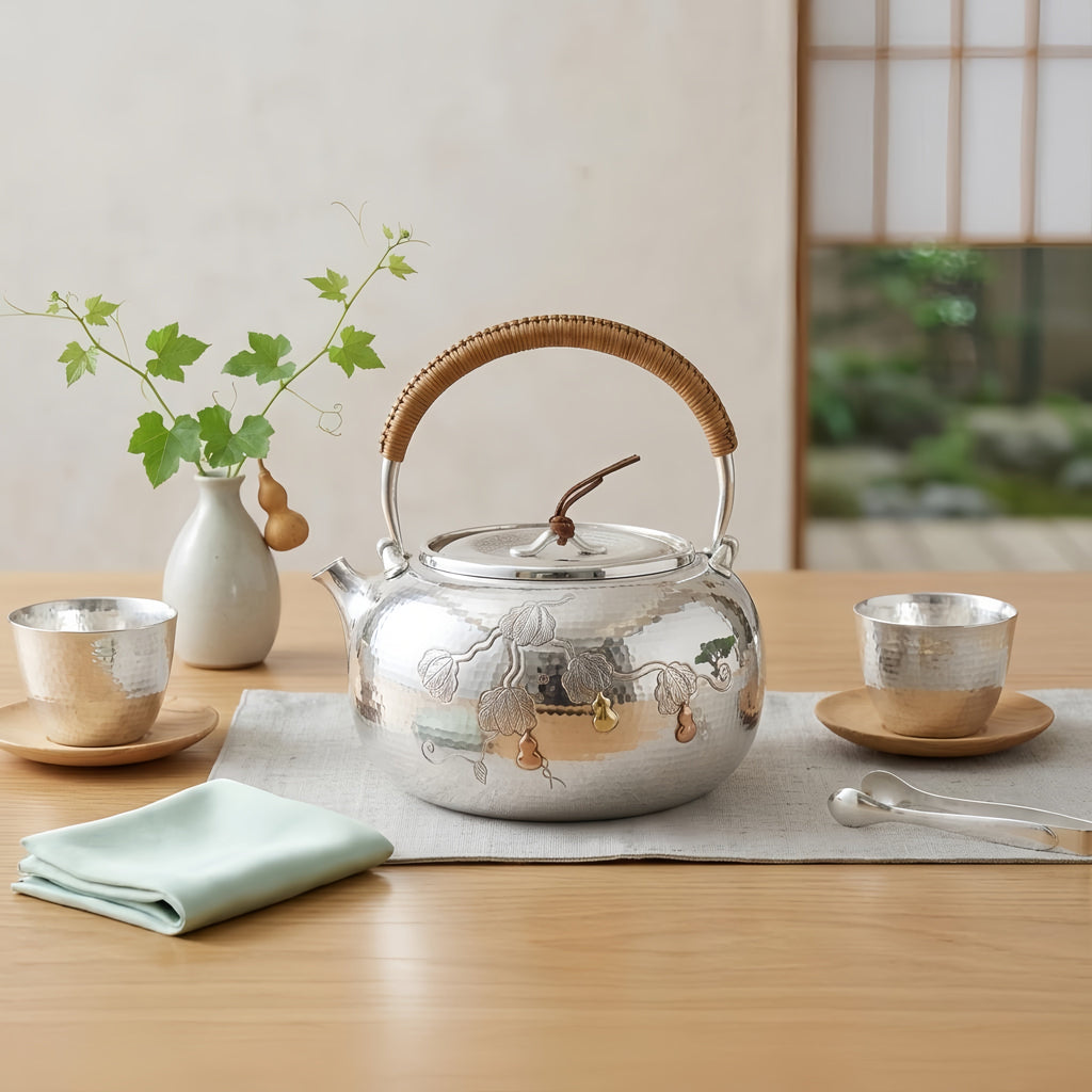 Pure 999 Fine Silver Handcrafted Hammered Silver Teapot with Gourd Vine Relief and Rattan Handle - Handicraft Vera Lux