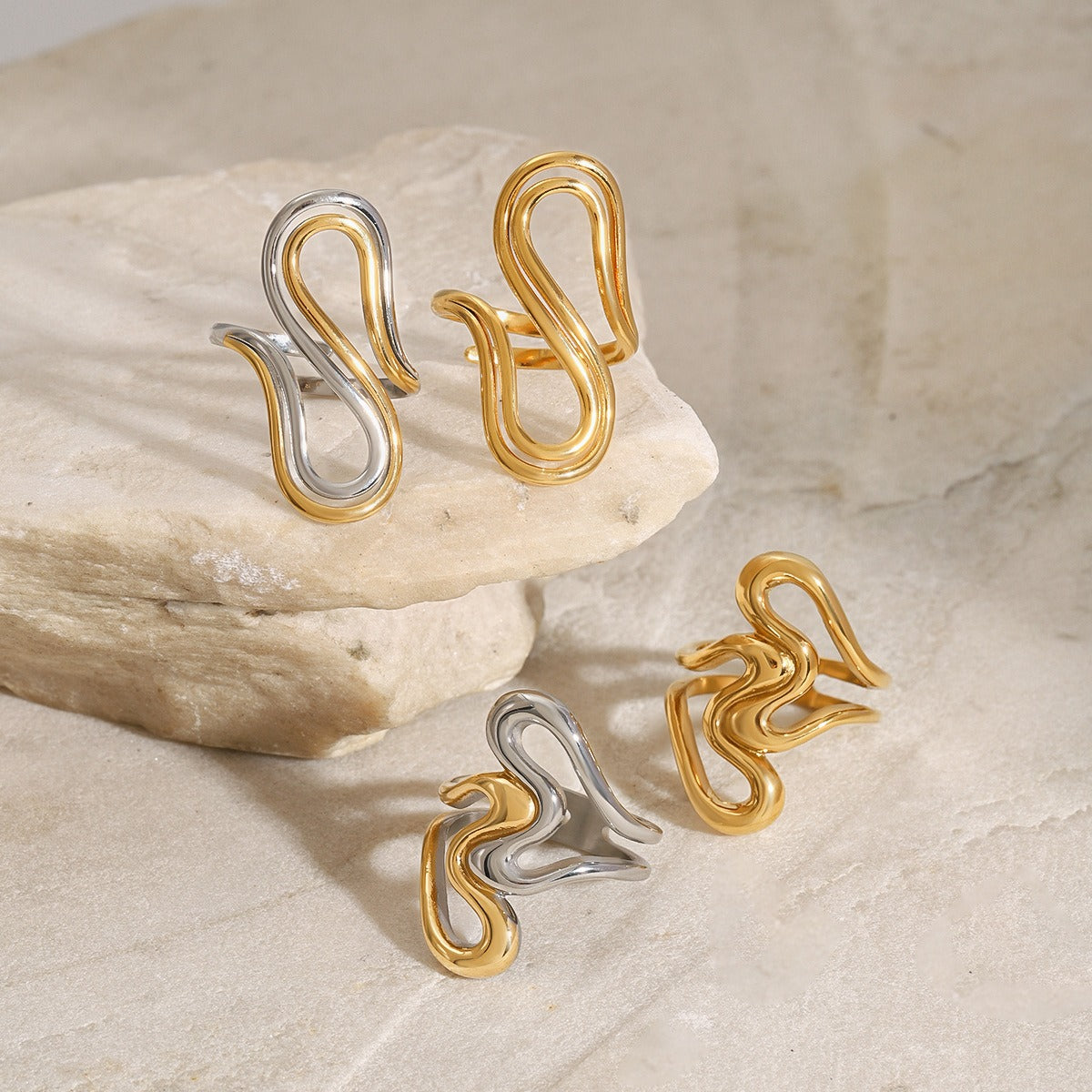 18K gold irregular lines with gold and silver color matching design unique personality ring Vera Lux
