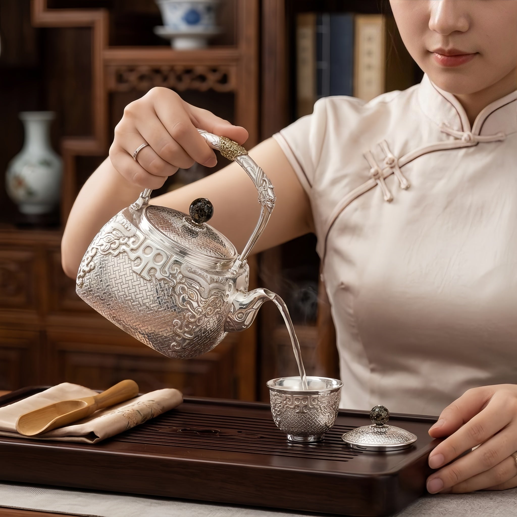 Pure 999 Fine Silver Elegant Handcrafted Silver Teapot Featuring Intricate Basketweave Texture and Traditional Oriental Filigree Accents - Handicraft Vera Lux