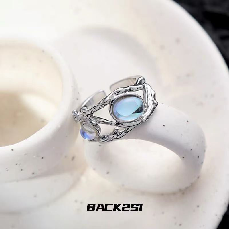 Niche Moonstone Black & White Couple Rings For Men & Women, Vintage Luxury Adjustable Open Band Vera Lux