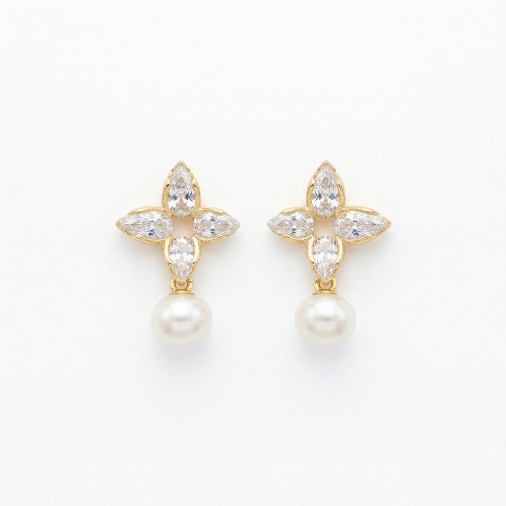 925 Sterling Silver Elegant Marquise Floral Drop Earrings with Radiant White Pearls Vera Lux