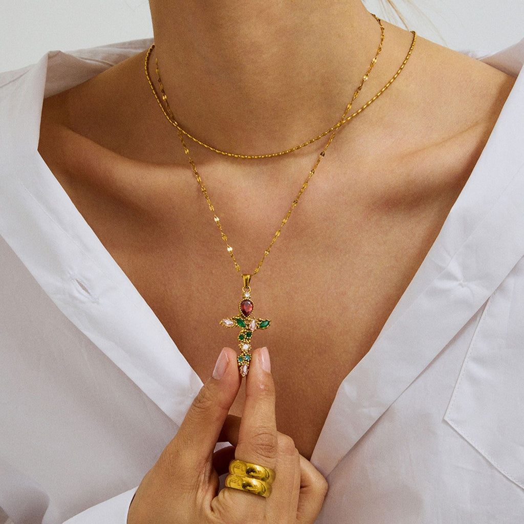 18K Gold Cross Inlaid Gemstone Design Exquisite Fashion Necklace Vera Lux
