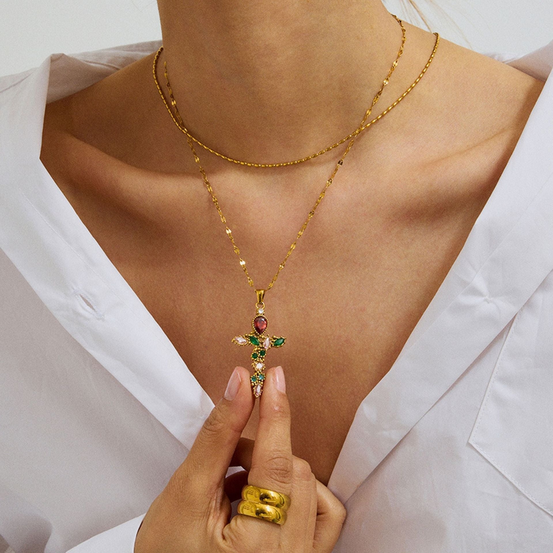 18K Gold Cross Inlaid Gemstone Design Exquisite Fashion Necklace Vera Lux