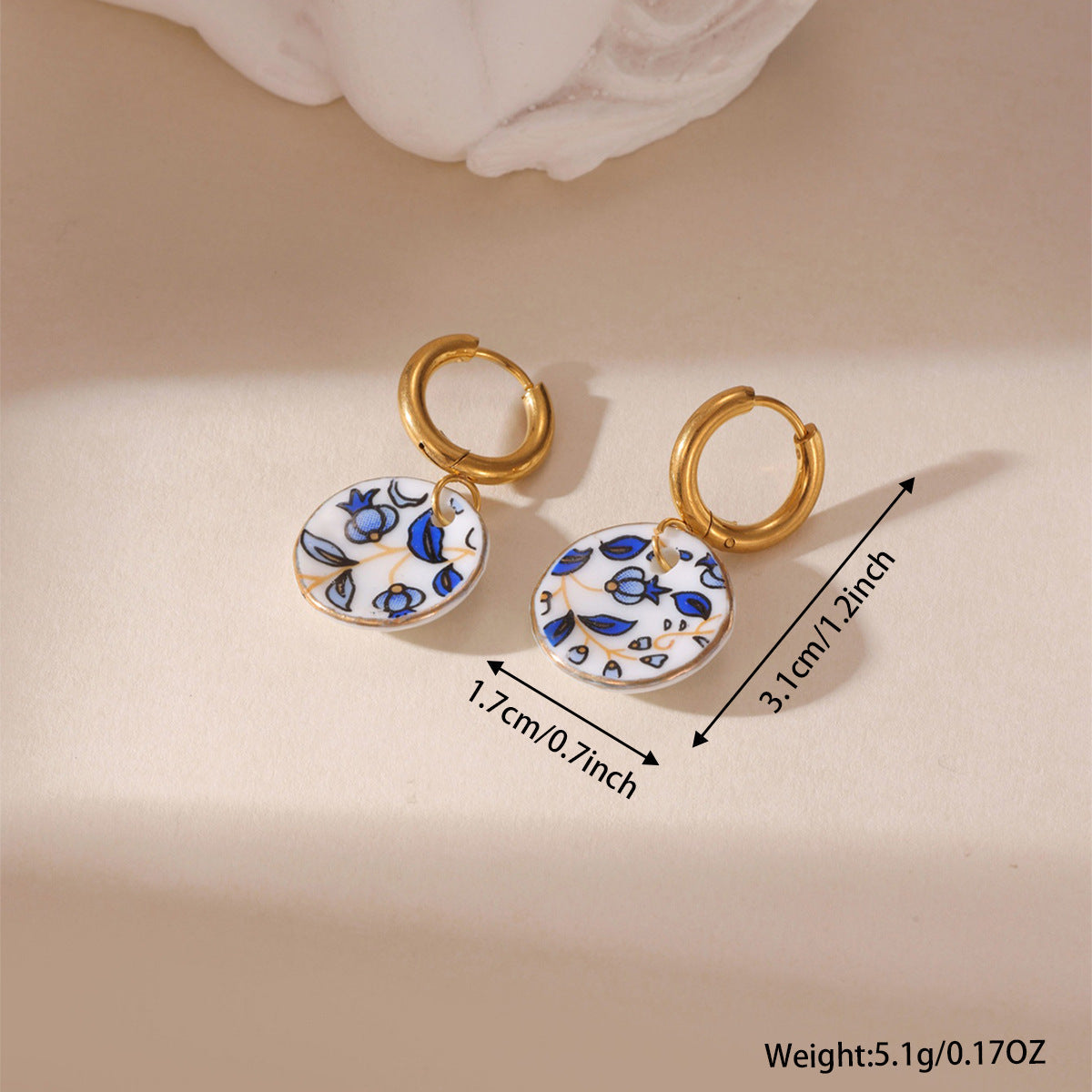 New Chinese Blue And White Porcelain Earrings, 18K Gold Plated Stainless Steel Ceramic Dainty Drop Earrings For Women Vera Lux