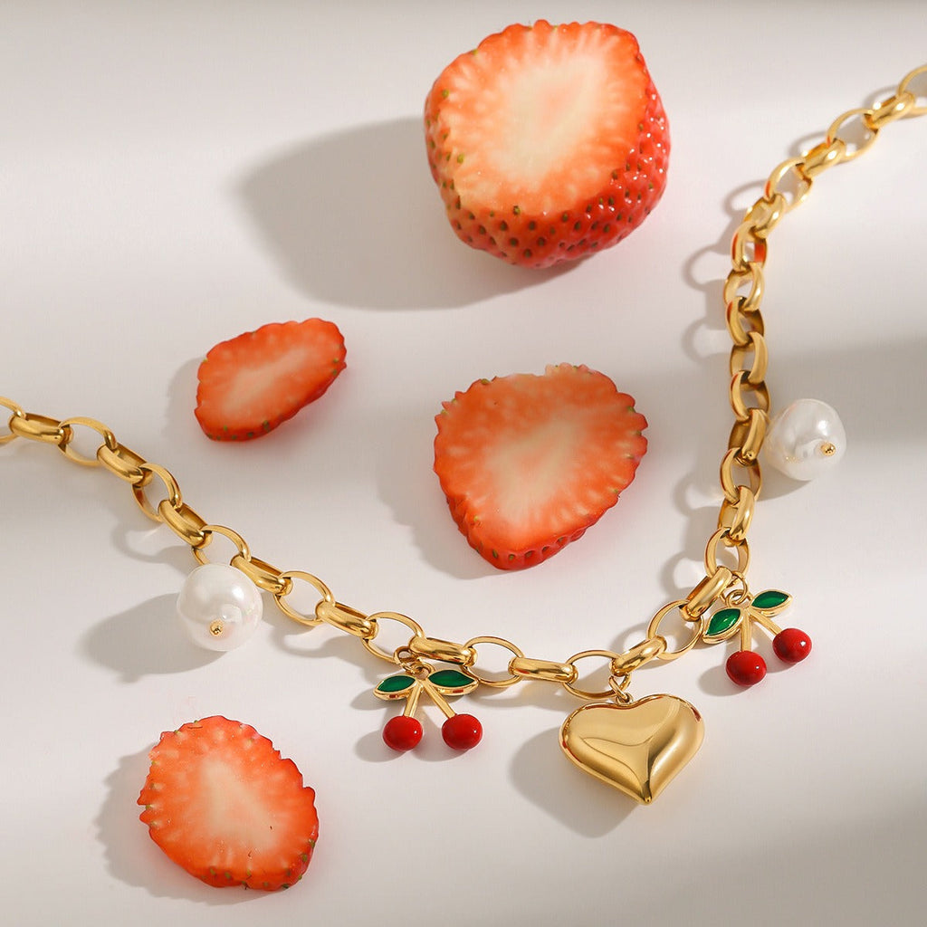 18K gold heart with cherry design exquisite and noble necklace Vera Lux