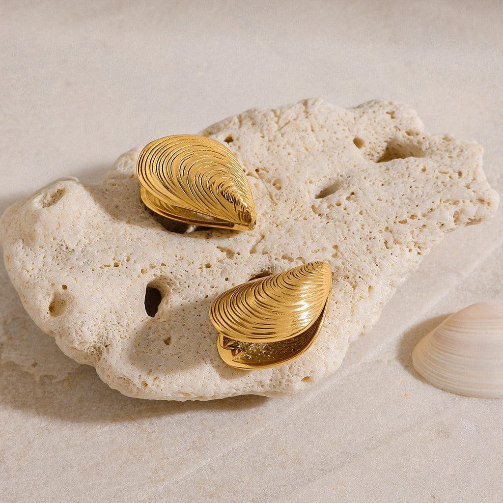 18K gold open sea clam with textured design exquisite and fashionable earrings Vera Lux