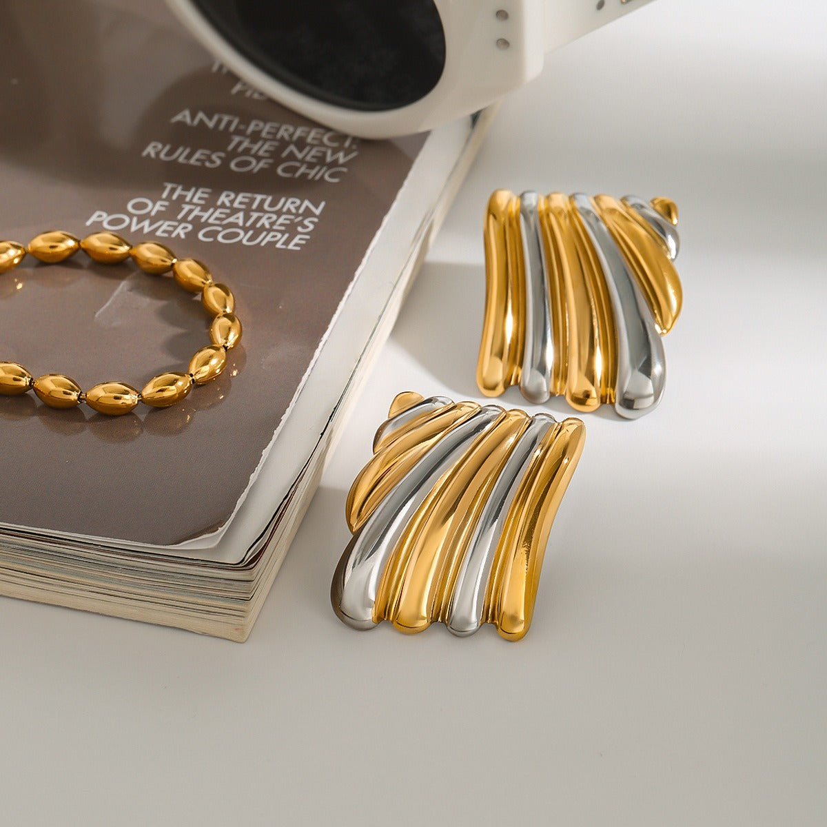18K gold geometric shape with gold and silver color matching design classic personality earrings Vera Lux