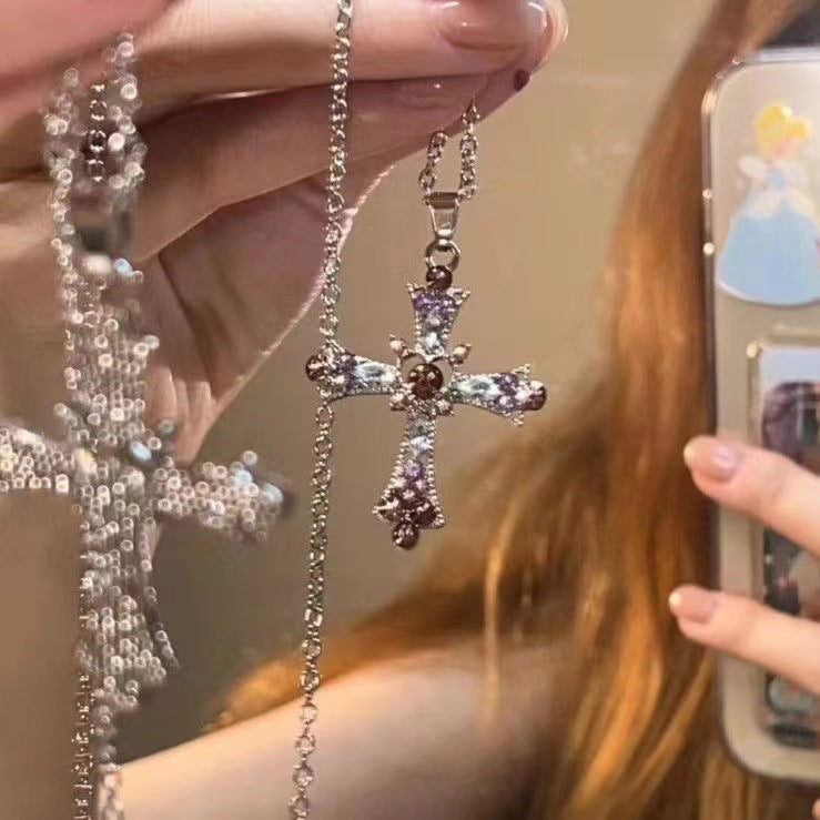 Gothic Cross Pendant Necklace For Women, Y2K Heavy Duty Bling Rhinestone Clavicle Chain, Vintage Punk Hip Hop Trendy Streetwear Jewelry Vera Lux