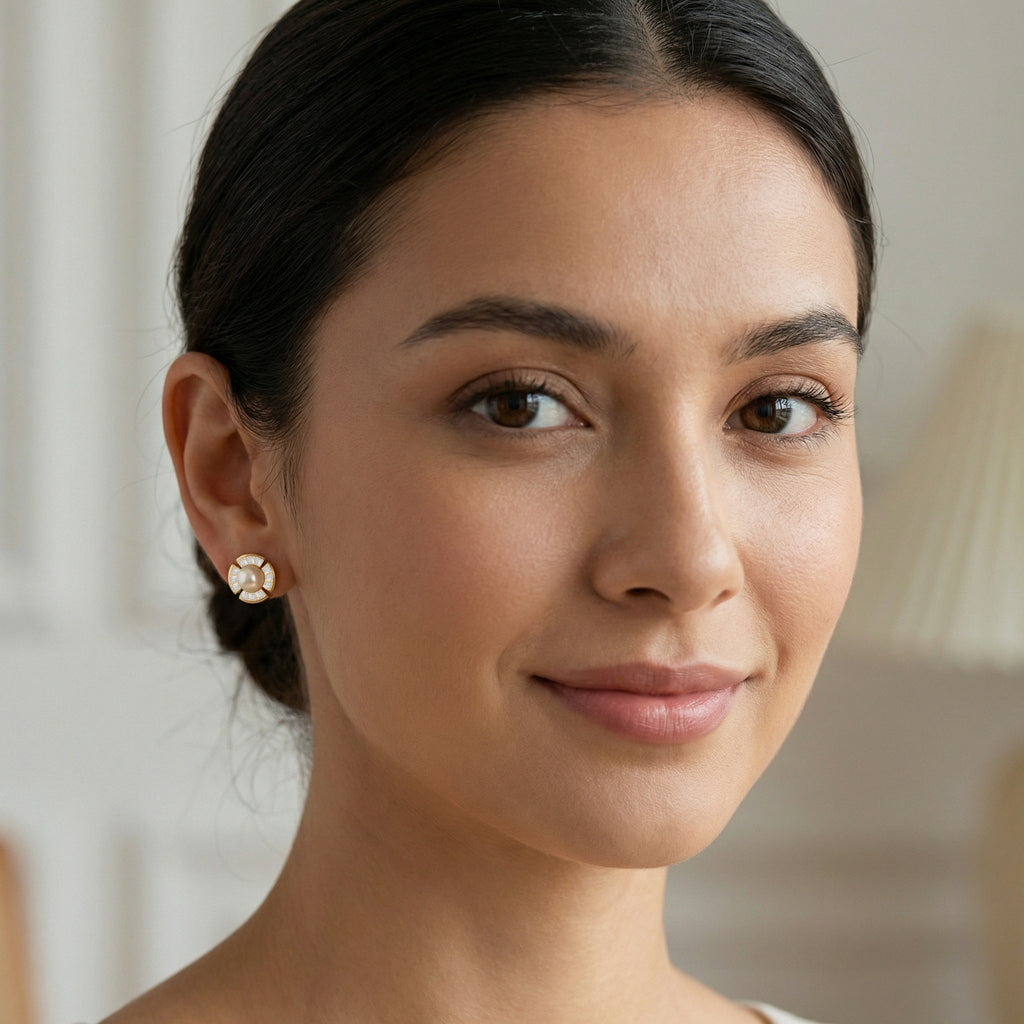 925 Sterling Silver Radiant Pearl and Baguette-Cut Fan-Shaped Stud Earrings Vera Lux