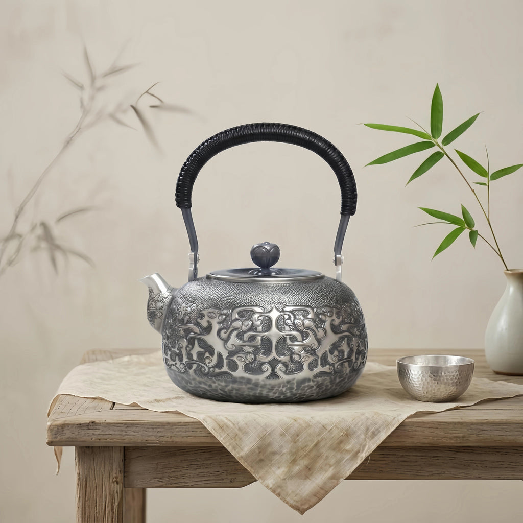 Pure 999 Fine Silver Elegant  Teapot with Intricate Cloud Patterns and Coiled Black Handle-Fine large teapot - Handicraft Vera Lux