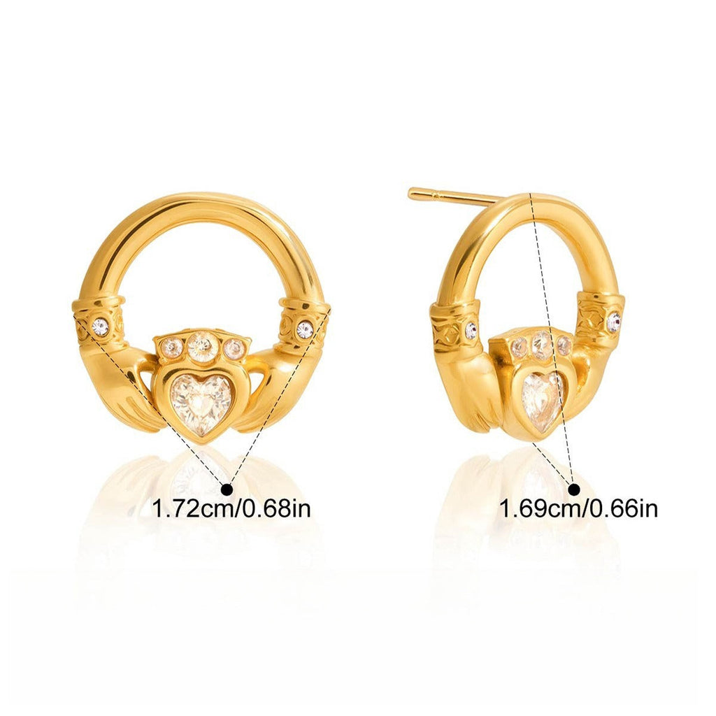 18K gold-plated friendship hand design titanium steel stud earrings with cubic zirconia. Vera Lux