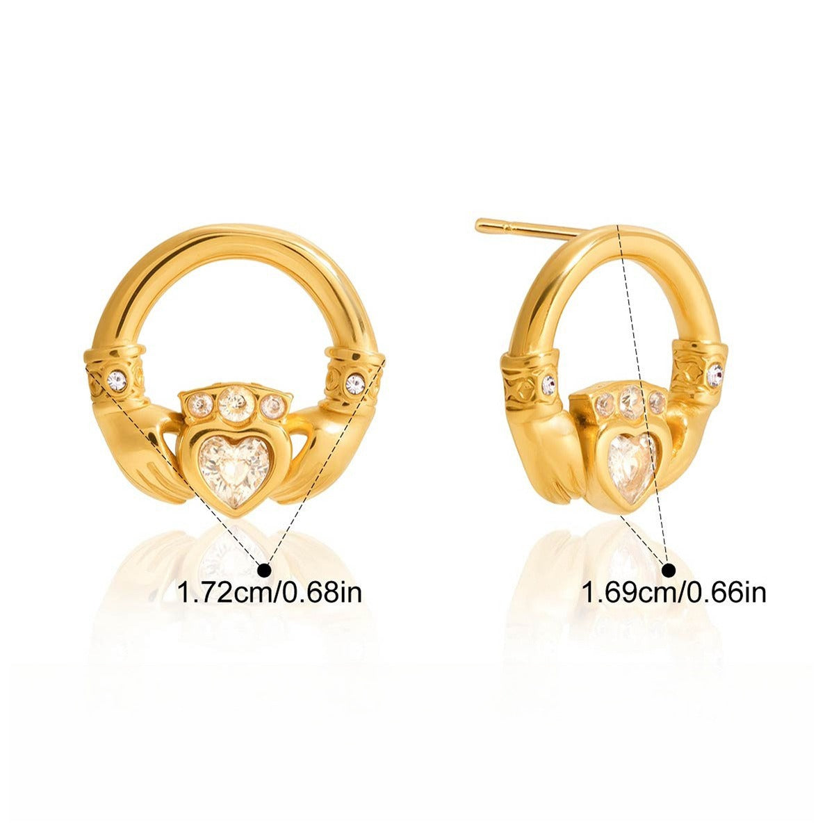 18K gold-plated friendship hand design titanium steel stud earrings with cubic zirconia. Vera Lux