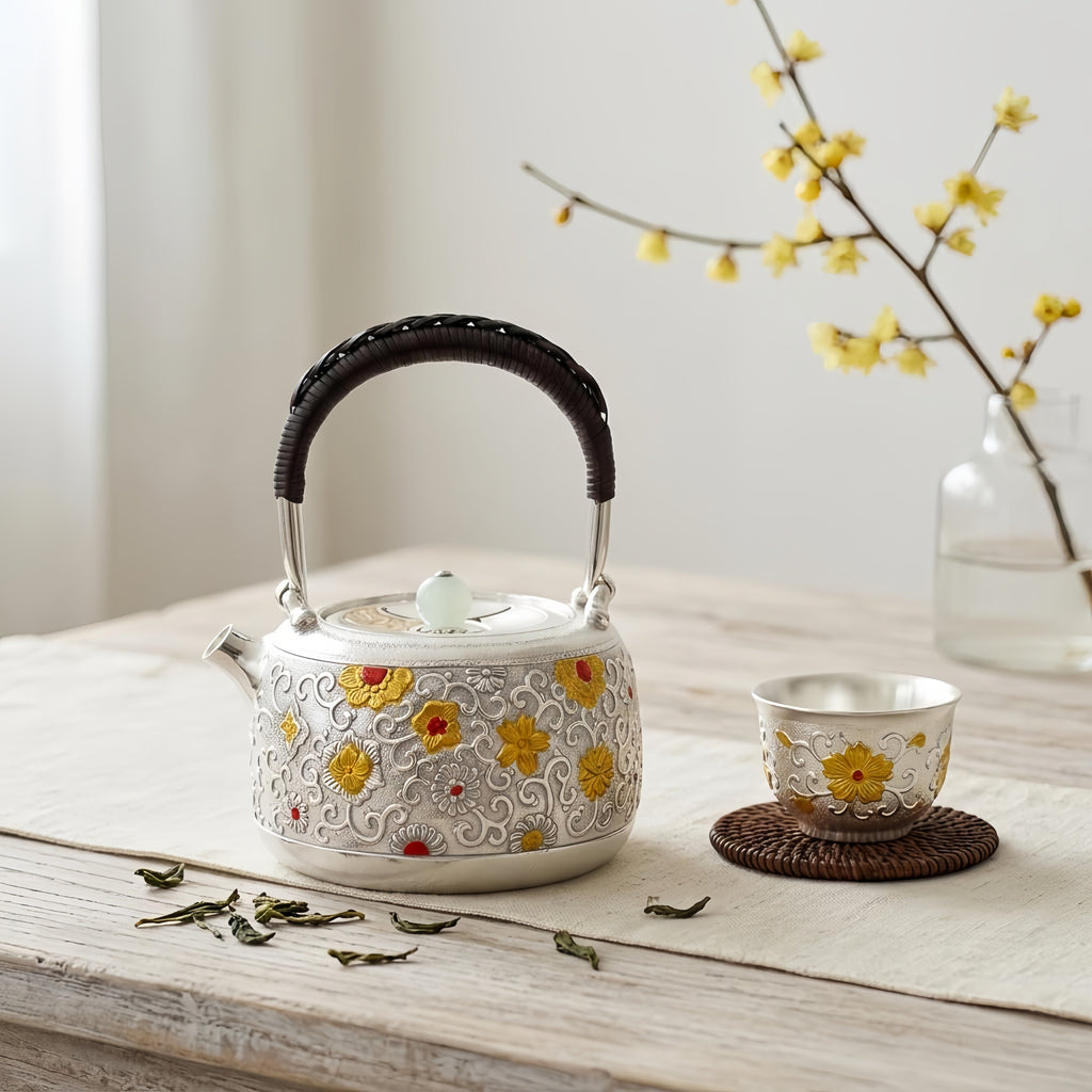 Pure 999 Fine Silver Ornate Handcrafted Silver Teapot Featuring Intricate Floral Relief and Woven Handle - Handicraft Vera Lux