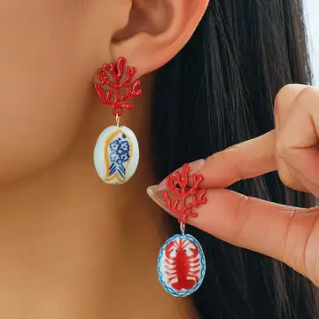 Marine-style Ceramic Shrimp And Fish Earrings Fashionable Vera Lux