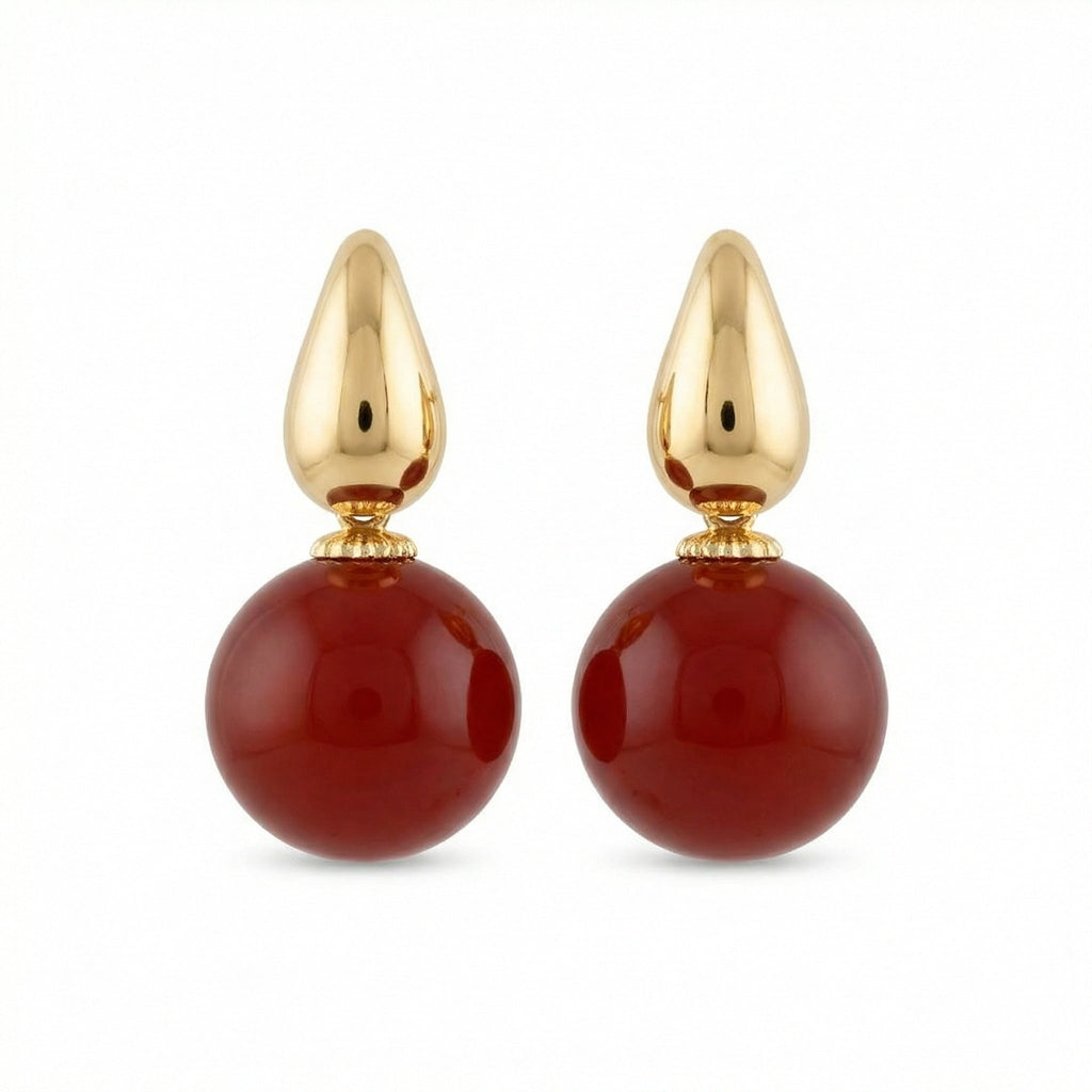 925 Sterling Silver Elegant Red Carnelian Sphere and Polished Metallic Teardrop Drop Earrings Vera Lux