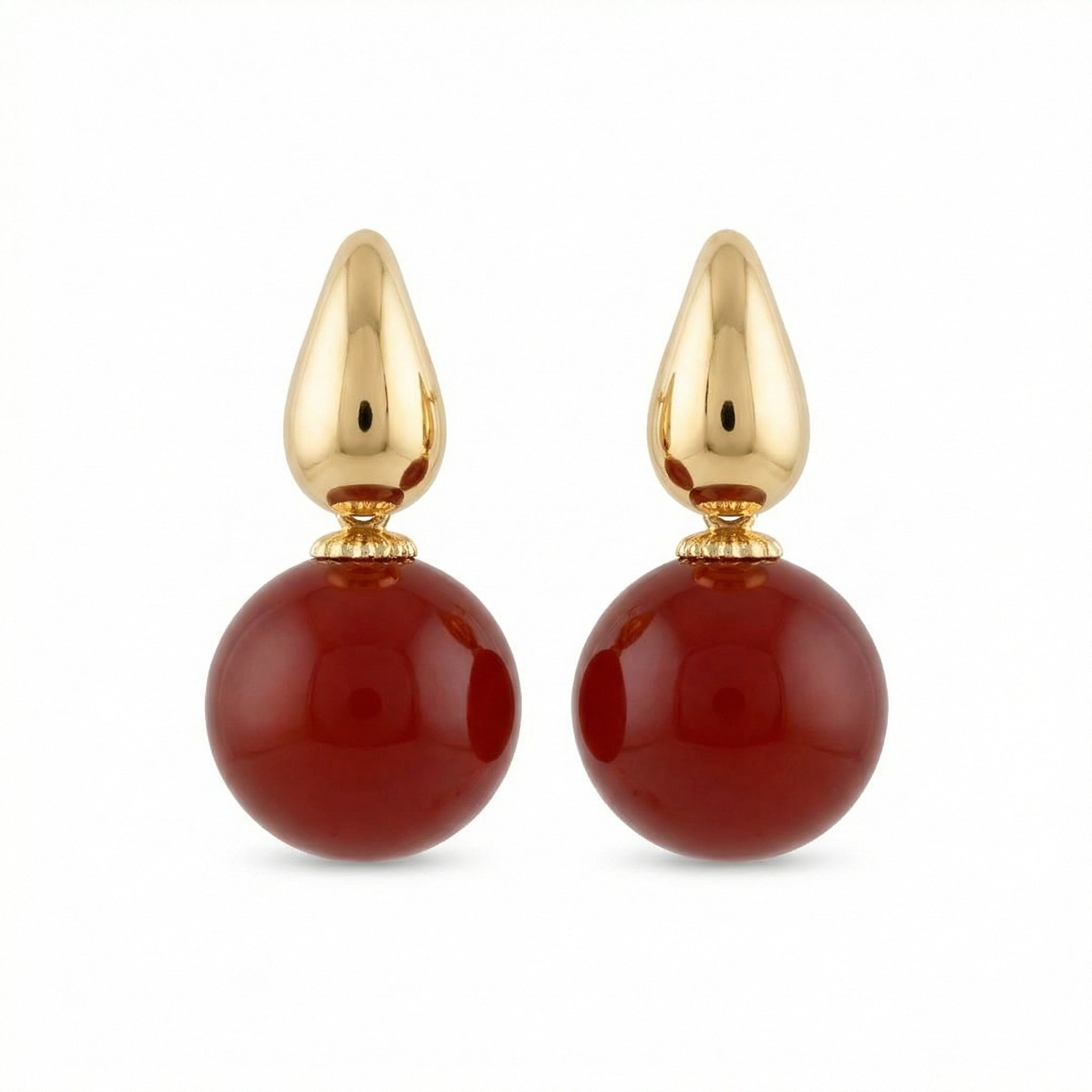 925 Sterling Silver Elegant Red Carnelian Sphere and Polished Metallic Teardrop Drop Earrings Vera Lux