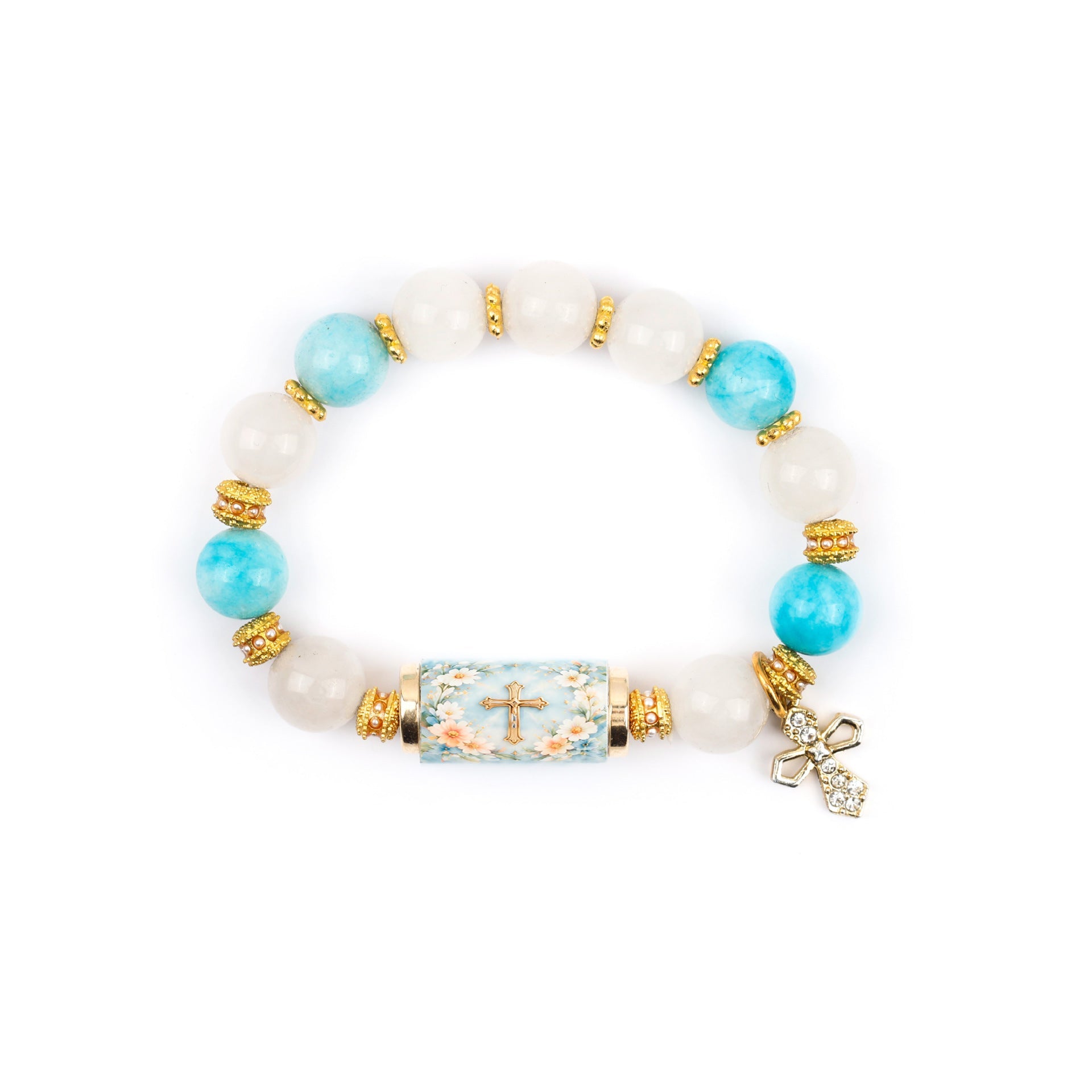 Women Alloy Gold Plated Bracelet With Cross Charm, Elegant White Chalcedony Inlaid Cross Bracelet Vera Lux
