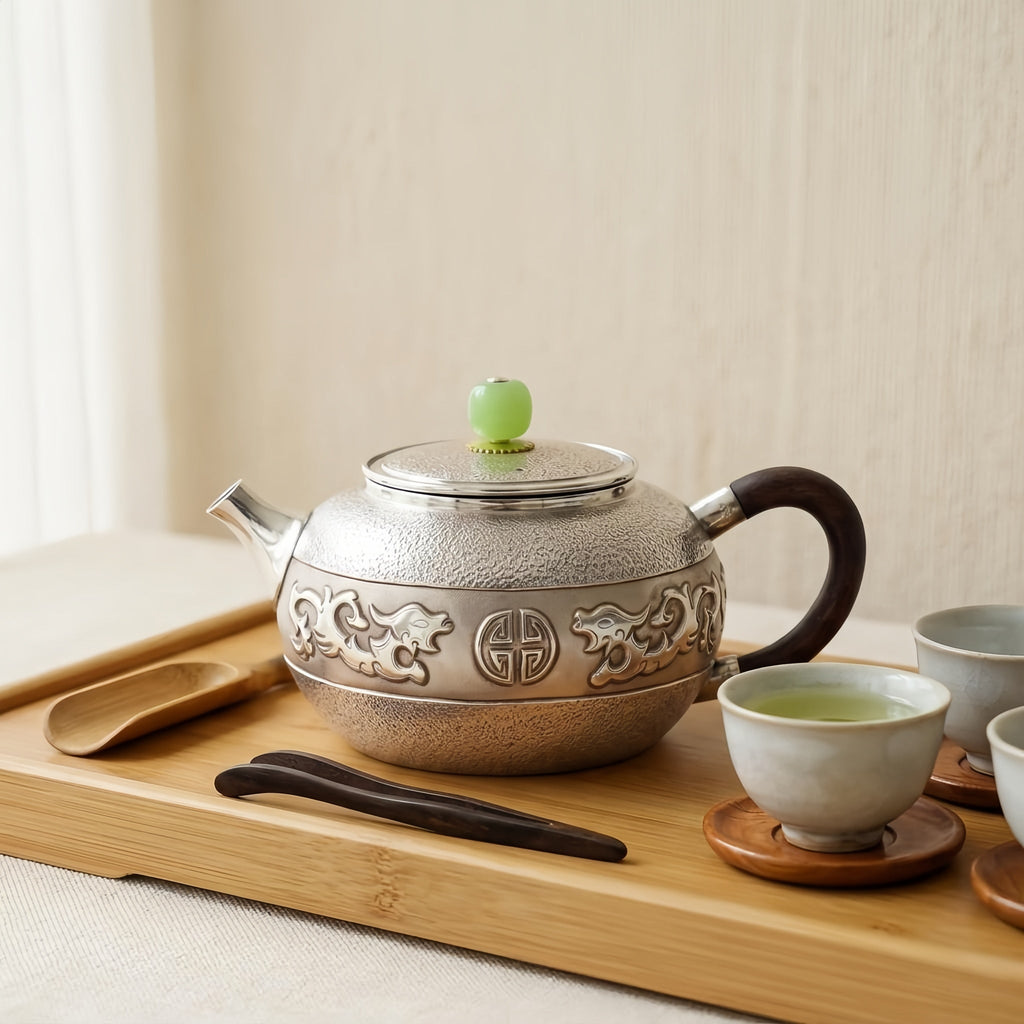 925 Sterling Silver Ornate Silver Dragon Teapot with Green Jade Finial and Elegant Wooden Handle - Handicraft Vera Lux