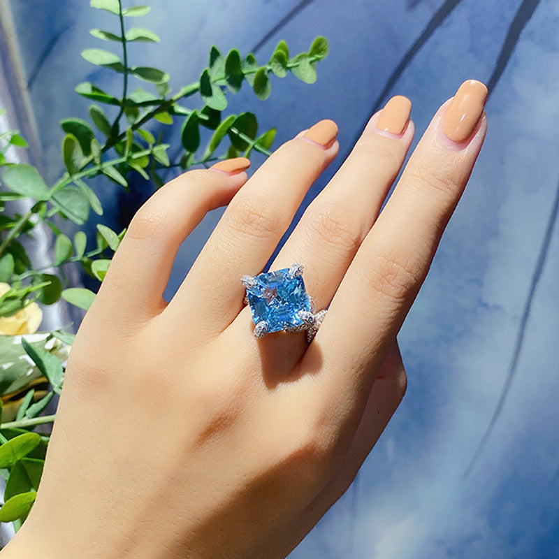 Square Cut Blue Gem Pave Ring, Sparkling Engagement Ring For Her Vera Lux