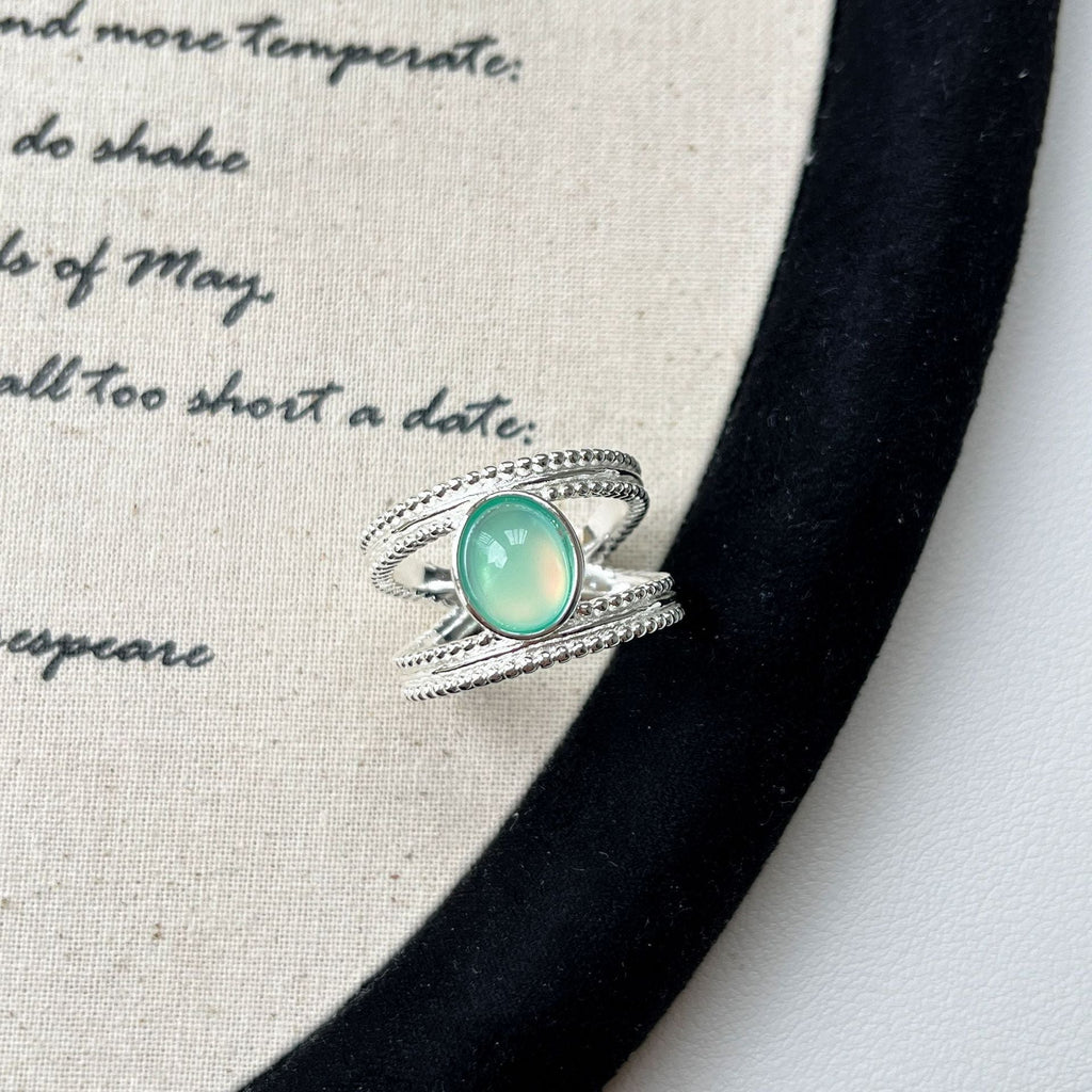 S925 Sterling Silver Retro Green Double-Strand Ring For Women Open-End Adjustable Vera Lux
