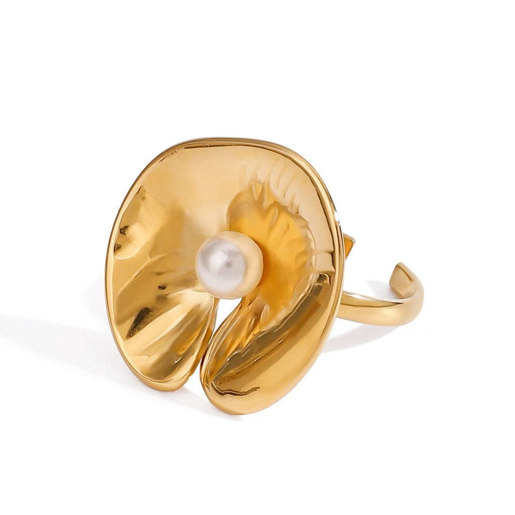 18K gold geometric inlaid pearl design classic simple ring Vera Lux