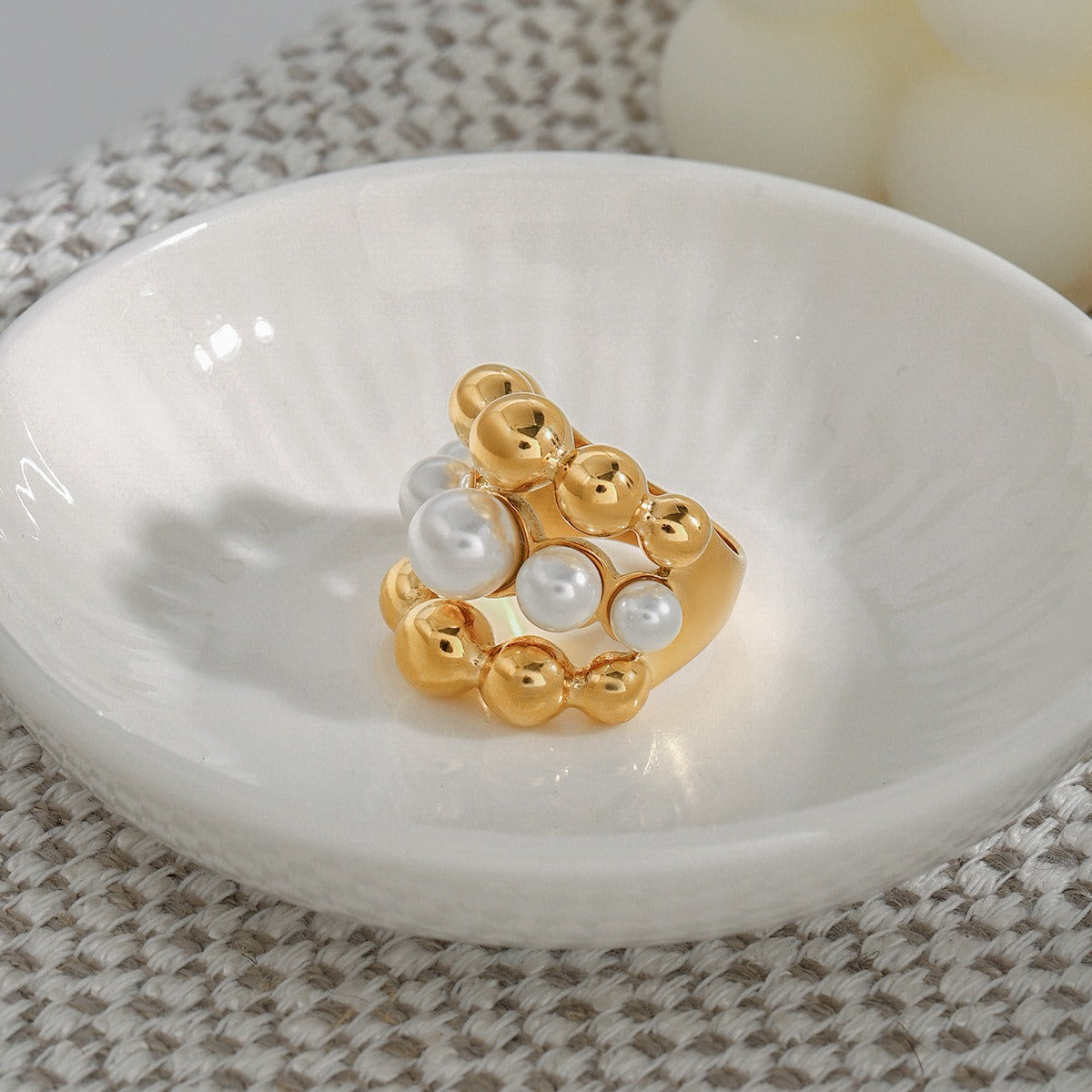 18K gold multi-layer round beads with pearl design exquisite high-end ring Vera Lux