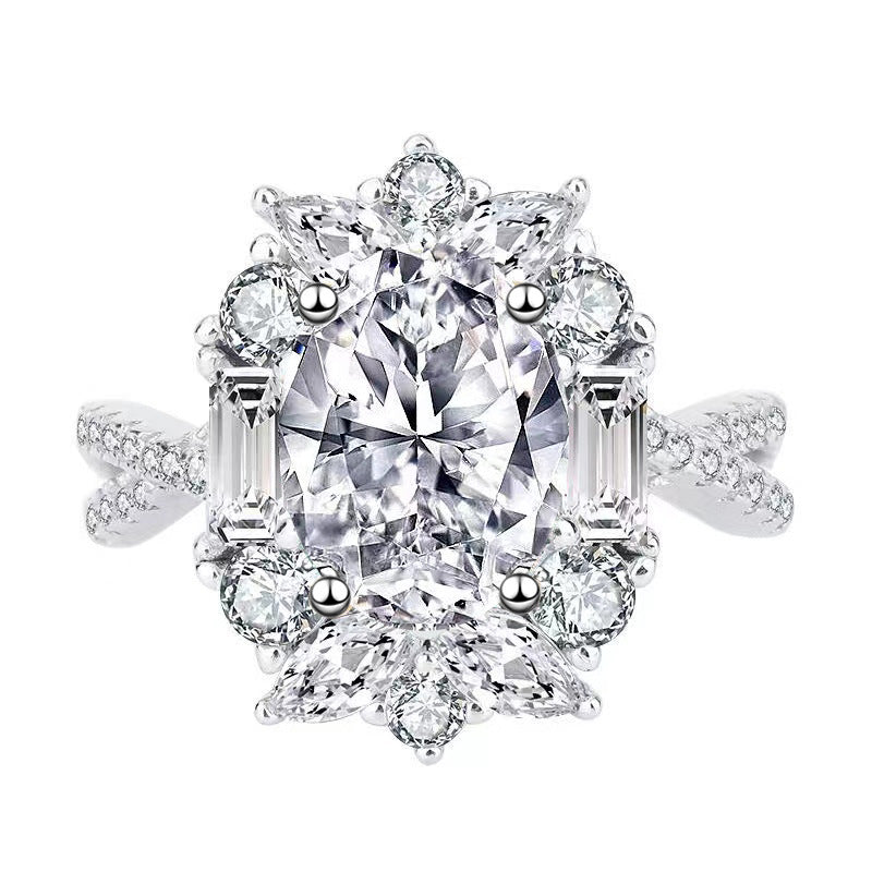 Luxury Design Oval Simulated Moissanite Engagement Ring, White Gold Plated Cluster Zircon Ring For Women, Wholesale Vera Lux